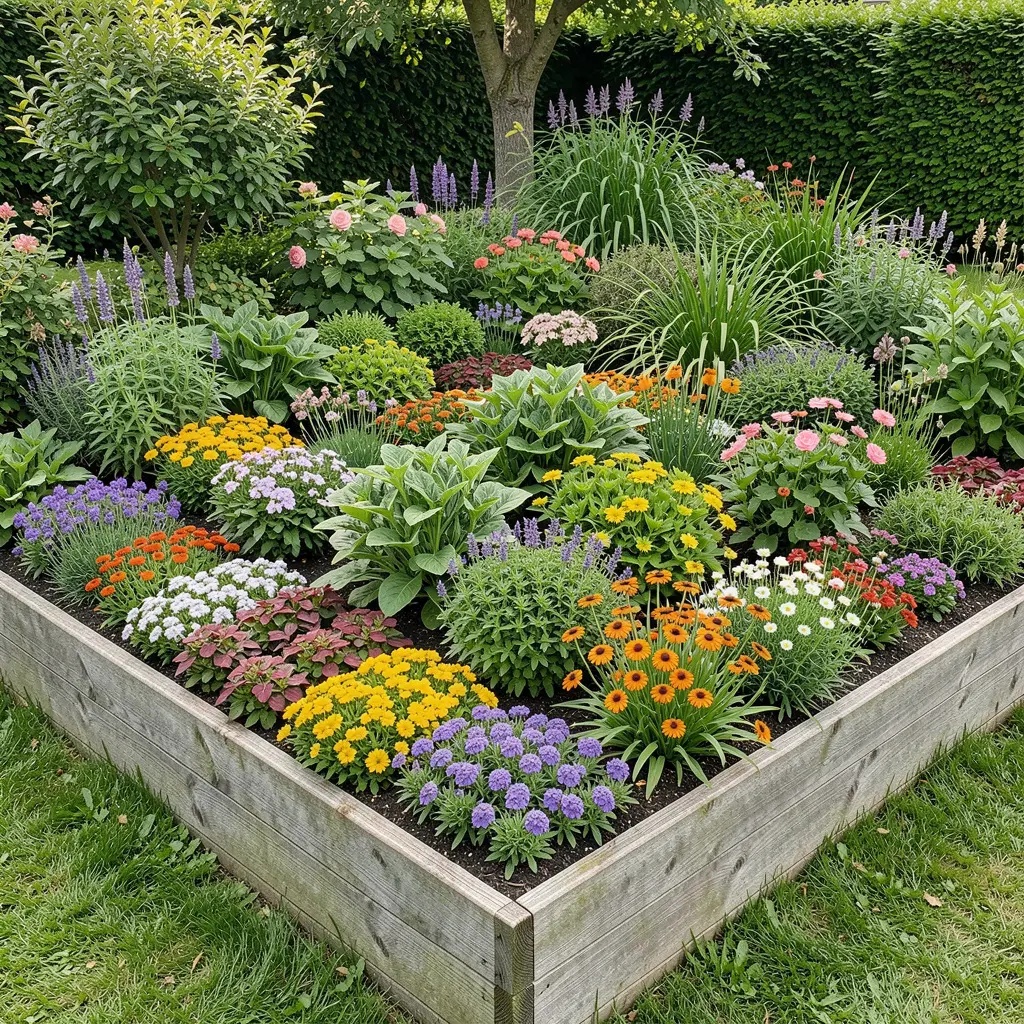 Beautiful balcony garden with colorful flowers in terracotta pots